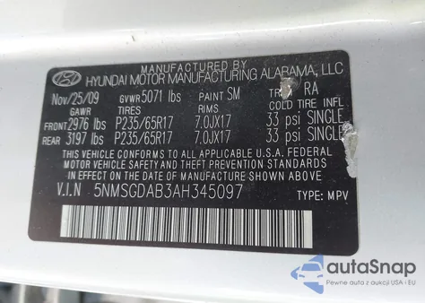 2010 Hyundai Santa Fe Gls from USA, damaged, VIN 5NMSGDAB3AH345097